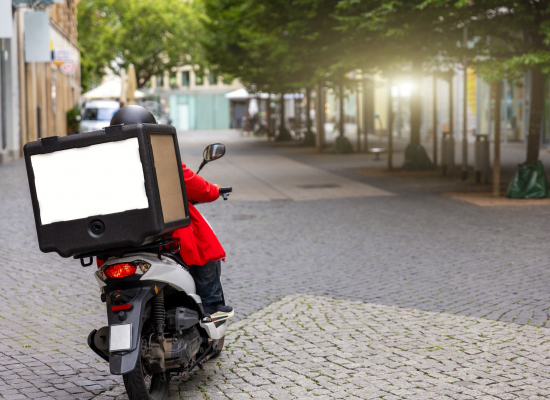 Food courier delivering rushing fast by scooter thermo box bag mock up motorcycle at europe city